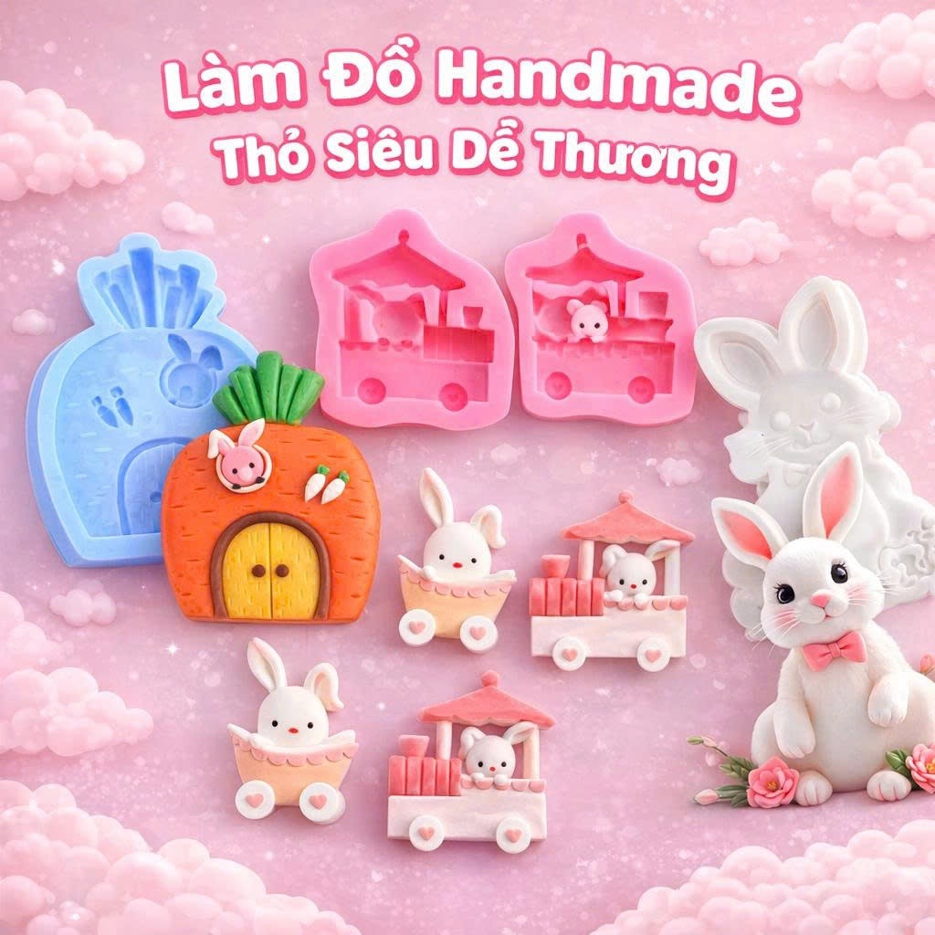 Khuôn Silicon Thỏ Cà Rốt Cạn Làm Rau Câu, Socola, Bánh, Thạch, Xà Phòng Handmade Chống Dính Cao Cấp
